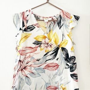 C&C California 100% Linen White Floral Ruffled Cap Sleeve Shift Dress Beachy